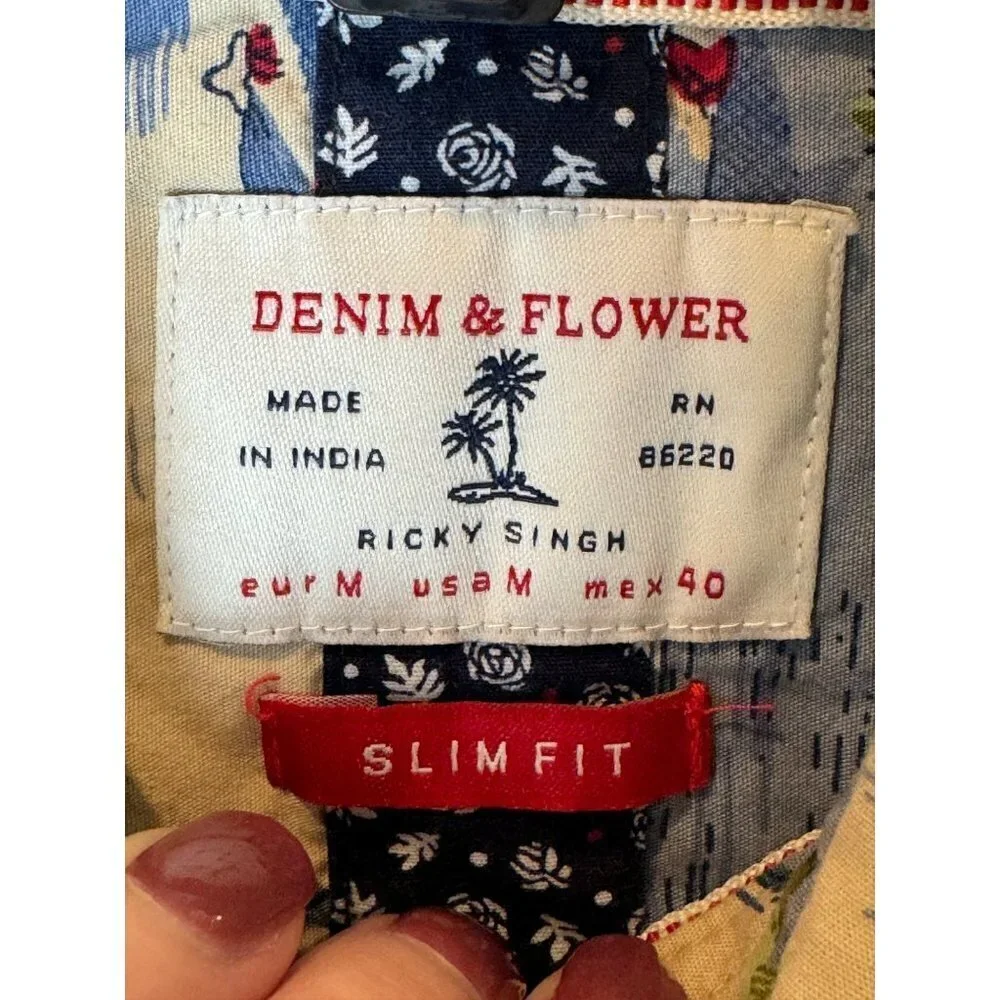 Denim & Flower Blue And Green Slim Fit Cotton Hawaiian Button Front Shirt Size M